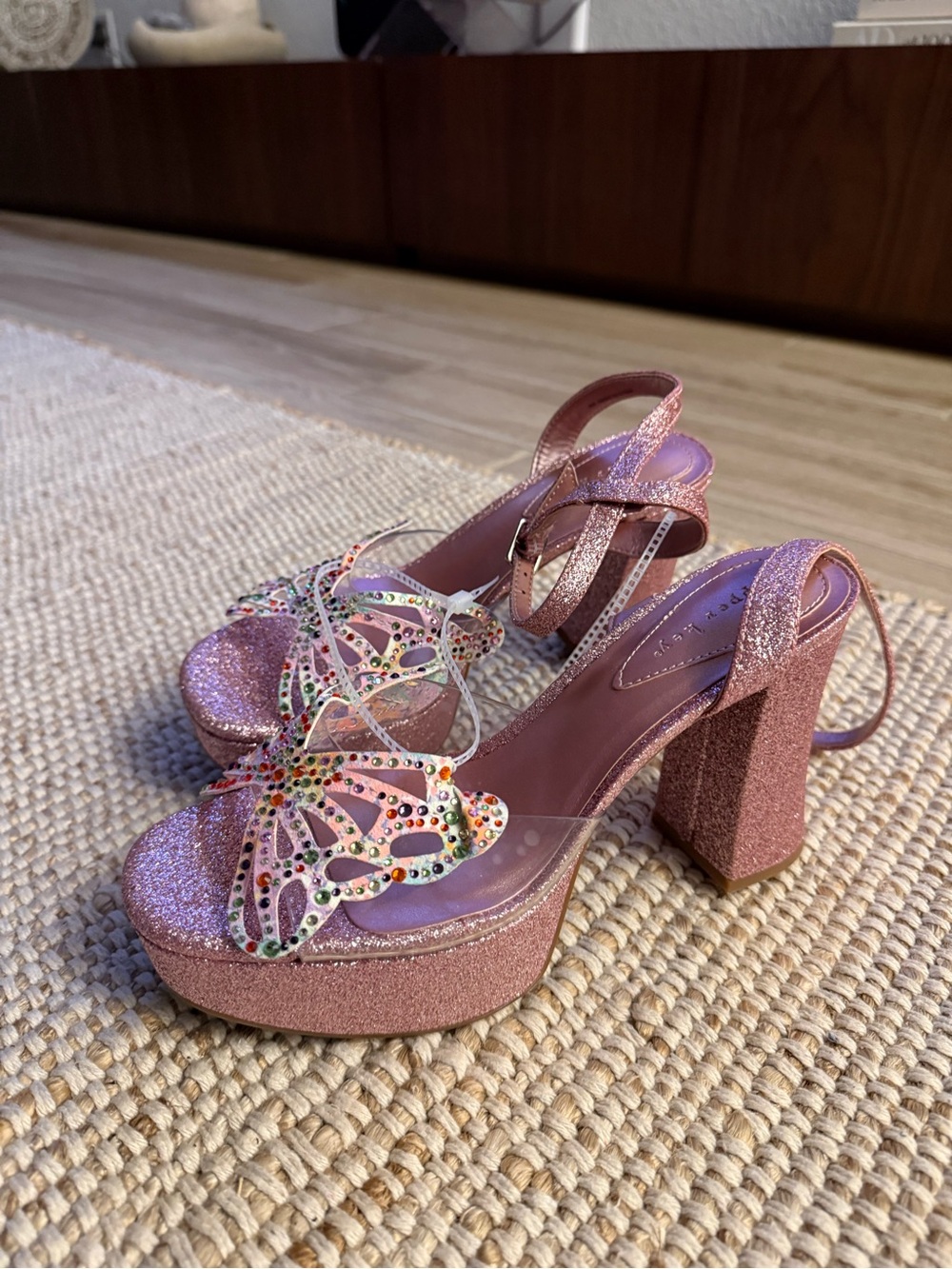 Copper Key Pink Glitter Rhinestone Butterfly Platform Heels (Size 6M)